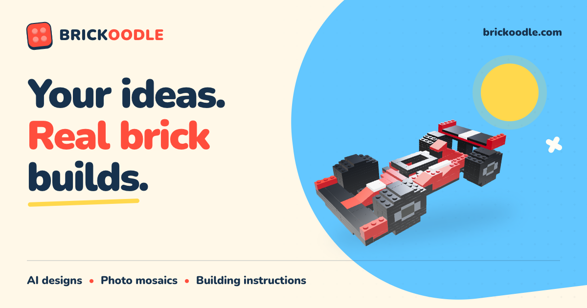 A red and white race car made from individual bricks in a real Brickoodle design.
