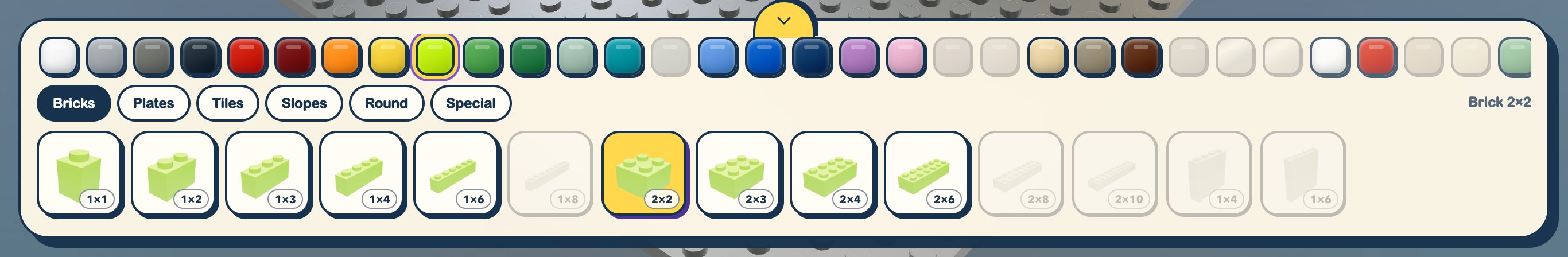 The Studio palette: color swatches, with some grayed out as unavailable for the chosen part, the part tabs Bricks, Plates, Tiles, Slopes, Round and Special, and 3D part tiles