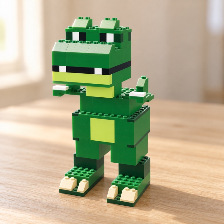 AI-generated visualization, not a photo: the finished Green T-rex brick model, 218 pieces, standing on a wooden table.