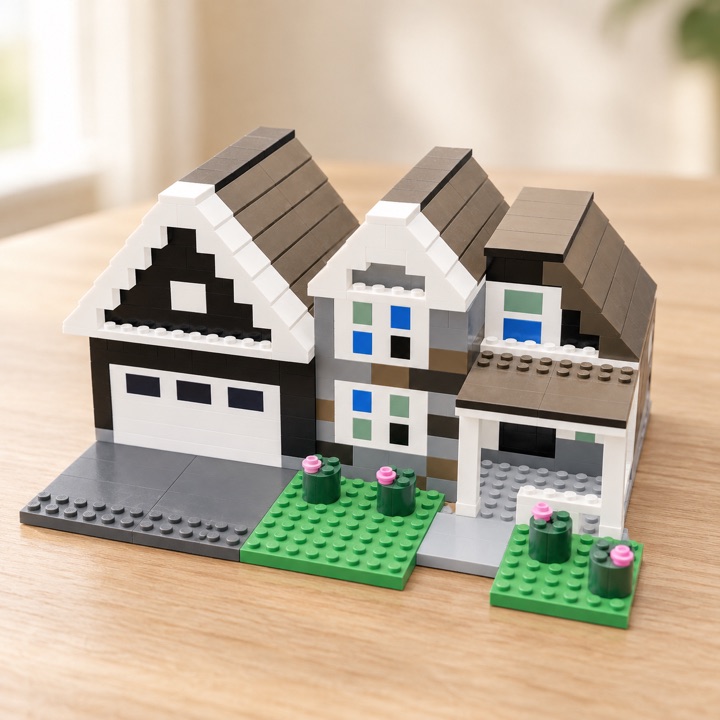 AI-generated visualization, not a photo: the finished Twin-Gable House brick model, 352 pieces, on a wooden table.
