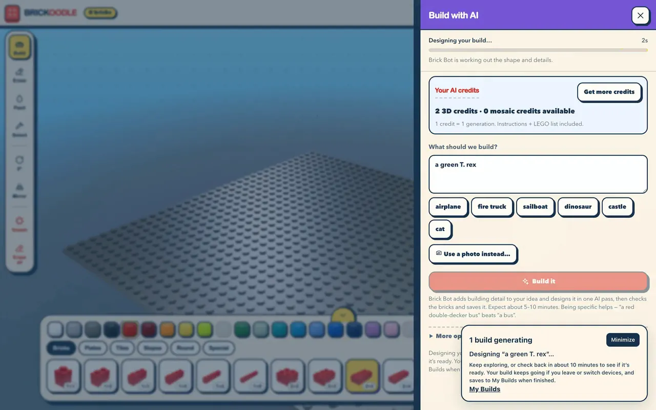 The Studio’s Build with AI panel with an example idea, a green T. rex, typed in and the stage label Designing your build…