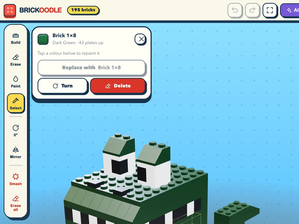 The Studio on an iPad with the Select tool: the brick card for a Dark Green Brick 1×8 with Replace, Turn and Delete, above the Rex the T. rex Starter build