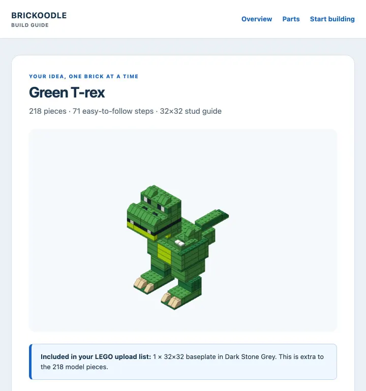 Brickoodle build guide cover for the Green T-rex: 218 pieces, 71 easy-to-follow steps, with a 3D render of the finished brick dinosaur.