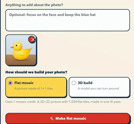 The Build with AI panel with a toy duck picture attached, the question How should we build your photo?, and the choice between Flat mosaic and 3D build, with Make flat mosaic below