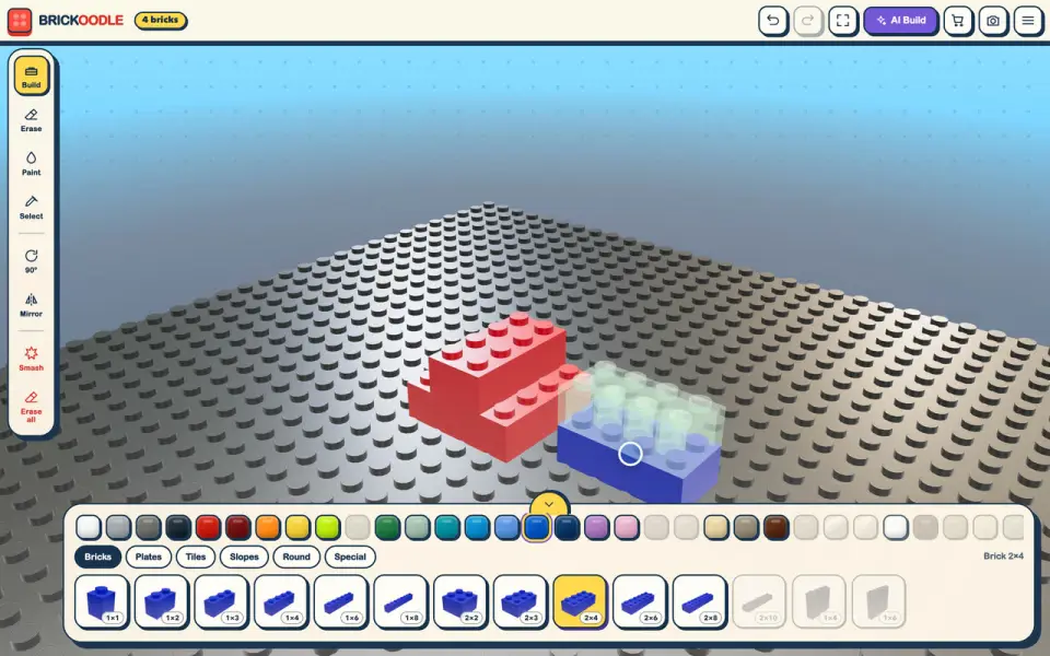 Placing bricks by hand on a 32 by 32 plate, with a see-through preview of where the next brick will land
