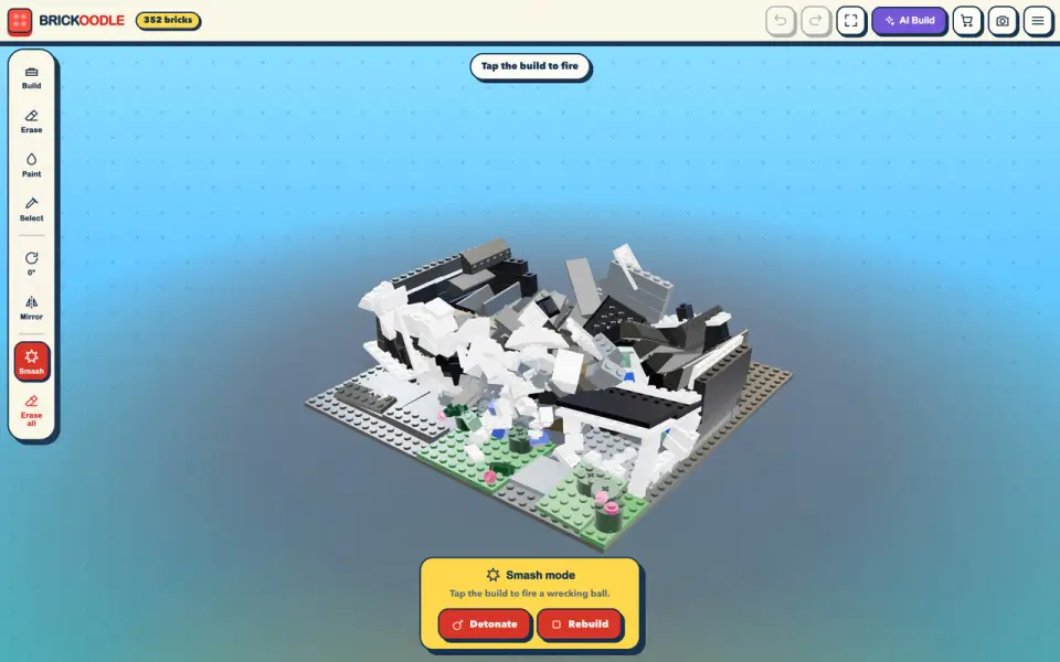 Smash mode: a brick house knocked apart, with the Detonate and Rebuild buttons